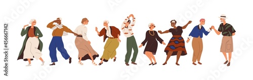 Aged people having fun at senior dance party. Happy old man and woman dancing with joy. Active elderly females and males moving to music. Flat vector illustration isolated on white background