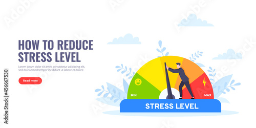 Reduce stress level flat style design concept vector illustration. Emotion overload, burnout and fatigue from work. Stress level meter gauge emotion stages. Person pushes arrow from maximum to minimum