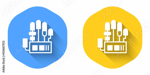 White Mechanical robot hand icon isolated with long shadow background. Robotic arm symbol. Technological concept. Circle button. Vector