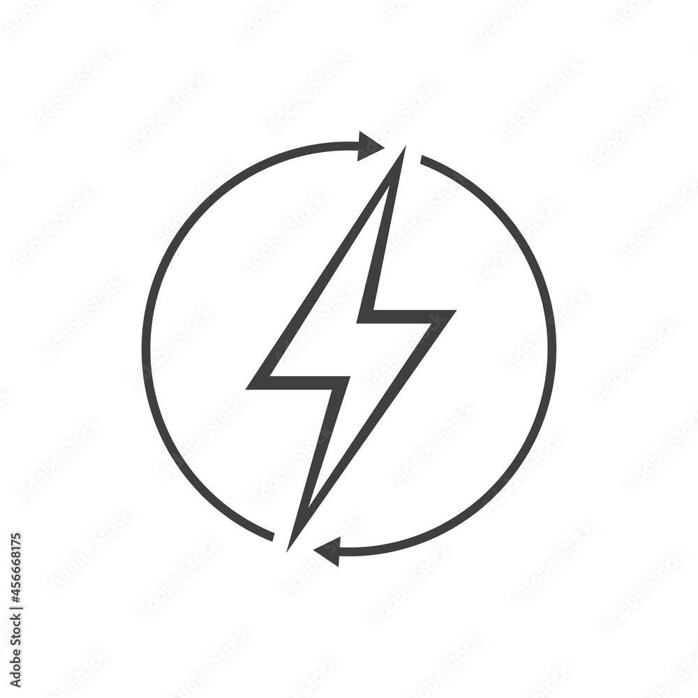 Energía renovable. Logotipo con silueta de rayo con flechas con forma de círculo en color gris Energía renovable. Logotipo con silueta de rayo con flechas con forma de círculo en color gris