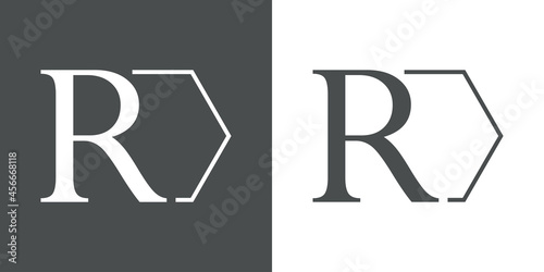 Logotipo con letra inicial R con hexágono con lineas en fondo gris y fondo blanco
