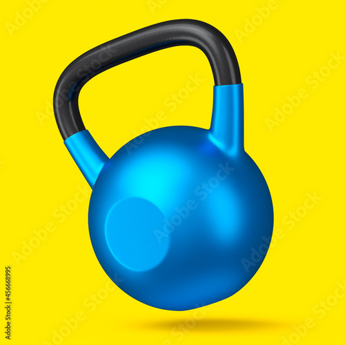 Heavy gym blue kettlebell for workout isolated on yellow background