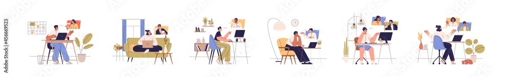 People with computers during online business communication at remote work. Set of man and woman with laptops at virtual video conference calls. Flat vector illustration isolated on white background - obrazy, fototapety, plakaty 
