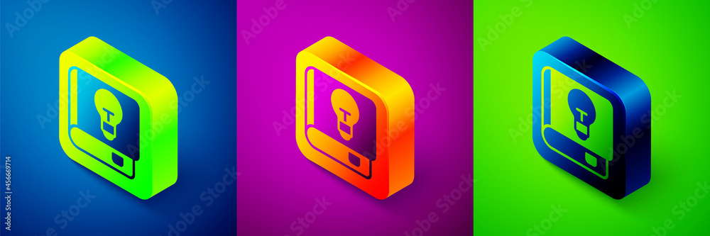 Isometric User manual icon isolated on blue, purple and green background. User guide book. Instruction sign. Read before use. Square button. Vector Isometric User manual icon isolated on blue, purple and green background. User guide book. Instruction sign. Read before use. Square button. Vector