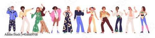 Set of people from 80s. Man and woman dance disco in retro-styled fashion outfits of 1980s. Stylish characters in party clothes of eighties. Flat vector illustration isolated on white background