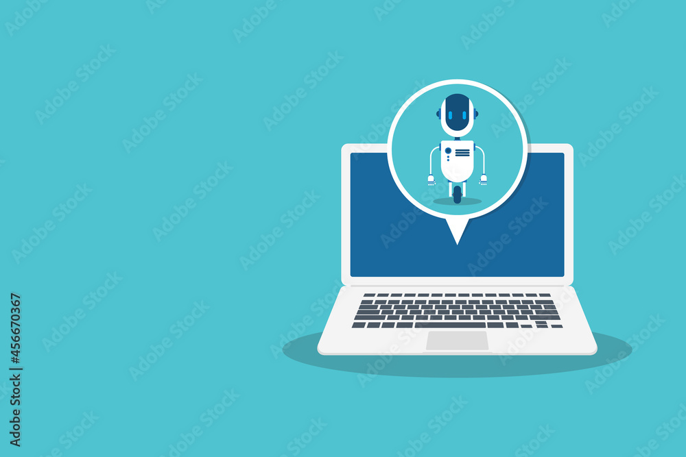 Chat Bot Using Laptop Computer, Robot Virtual Assistance Of Website Or Mobile Applications. Voice support service bot. Online support bot. Vector illustration.