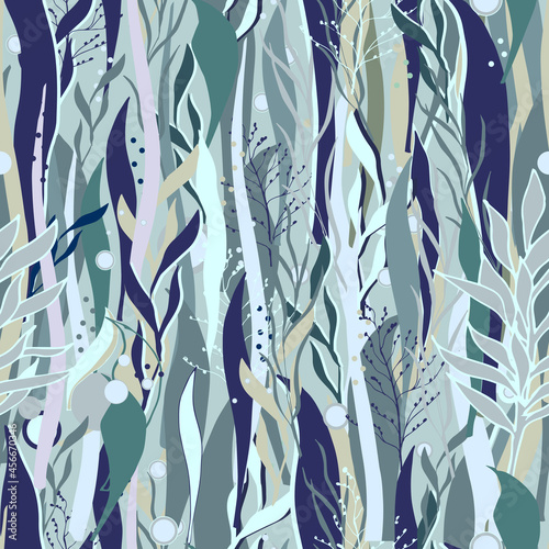 Tropical seamless pattern from green plants and algae. Vector chaotic illustration of swamp, jungle.