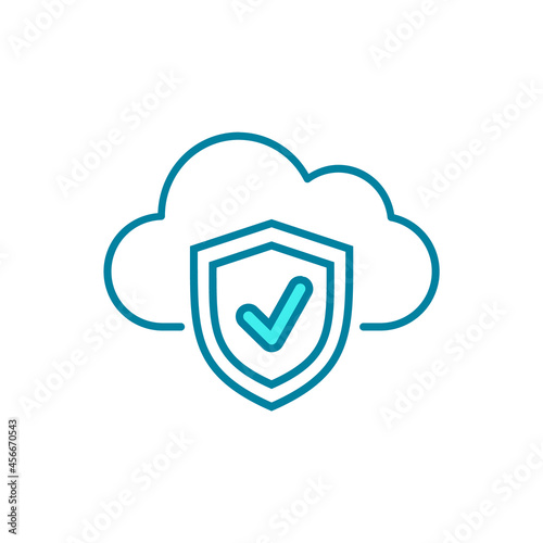 Safe cloud computing line icon. Cloud with a shield. Private cloud concept. Data storage and management. Online security. Safety internet browsing. Antivirus protection. Vector illustration, clip art.