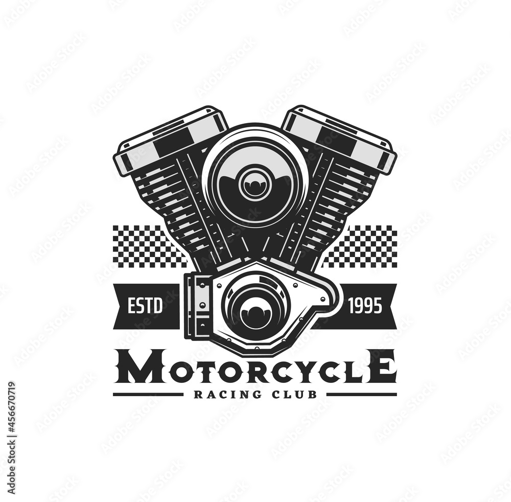 Motorcycle engine icon with vector motor bike or chopper vehicle two ...