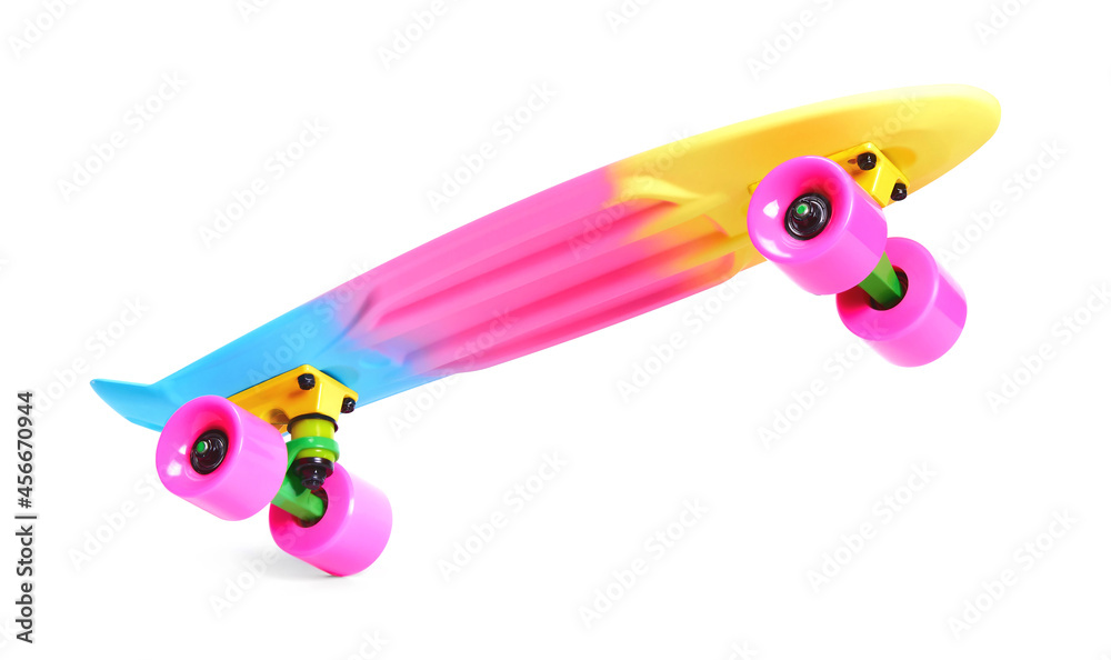 Pastel pink rainbow colored Penny board skateboard standing on two wheels  isolated on white background. Plastic mini cruiser Youth minimalistic Sport  inspired summer fun concept. Copy space. Stock 写真 | Adobe Stock