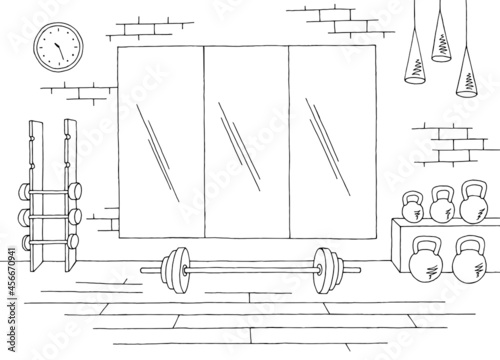 Weightlifting sport gym interior graphic black white sketch illustration vector