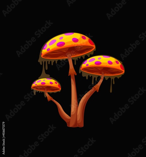 Fantasy fairy magic mushroom with orange caps. Fantastic fungus, alien planet vibrant colors mushroom with luminous, fluorescent violet dots, cartoon vector fairy poisonous toadstool covered slime