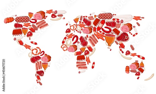 Meat, beef and pork sausages vector world map of meat food. Raw chicken and turkey sausages, ham, bacon slices and salami, barbecue steaks, lamb legs and bbq ribs, prosciutto and jamon delicatessen