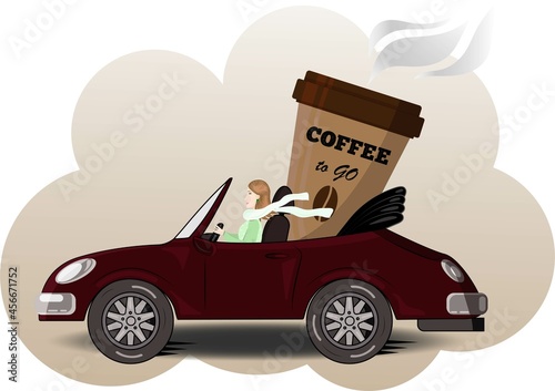 Morning Coffee to go, woman in red auto, vector illustration