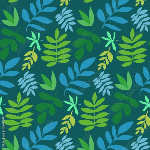 Colorful seamless pattern of leaves in pastel colors. Vector illustration. Illustration in doodle style. Texture for printing on textiles and printing, for interior decoration.