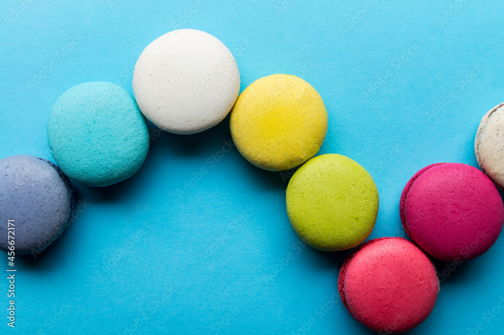 Macaron cookies, top view, almond biscuits, colorful, tasty Macaron cookies, top view, almond biscuits, colorful, tasty