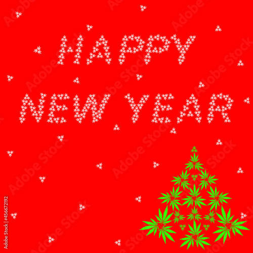 Concept Happy New Year congratulation background. Green fir tree and white Snowflakes from triple hemp leaves on a red background. Flat greeting card, invitation, flyer vector illustration.