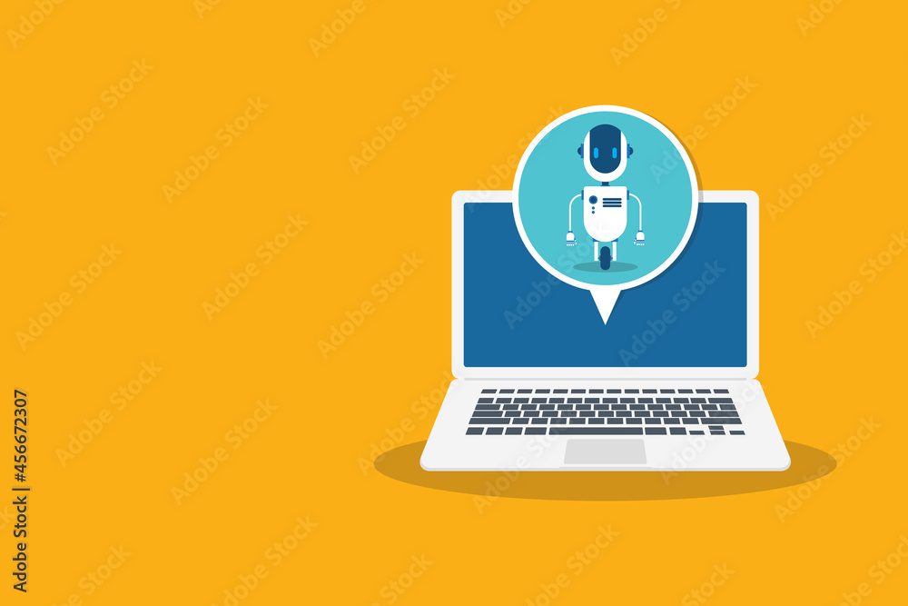 Chat Bot Using Laptop Computer, Robot Virtual Assistance Of Website Or Mobile Applications. Voice support service bot. Online support bot. Chat Bot Using Laptop Computer, Robot Virtual Assistance Of Website Or Mobile Applications. Voice support service bot. Online support bot.