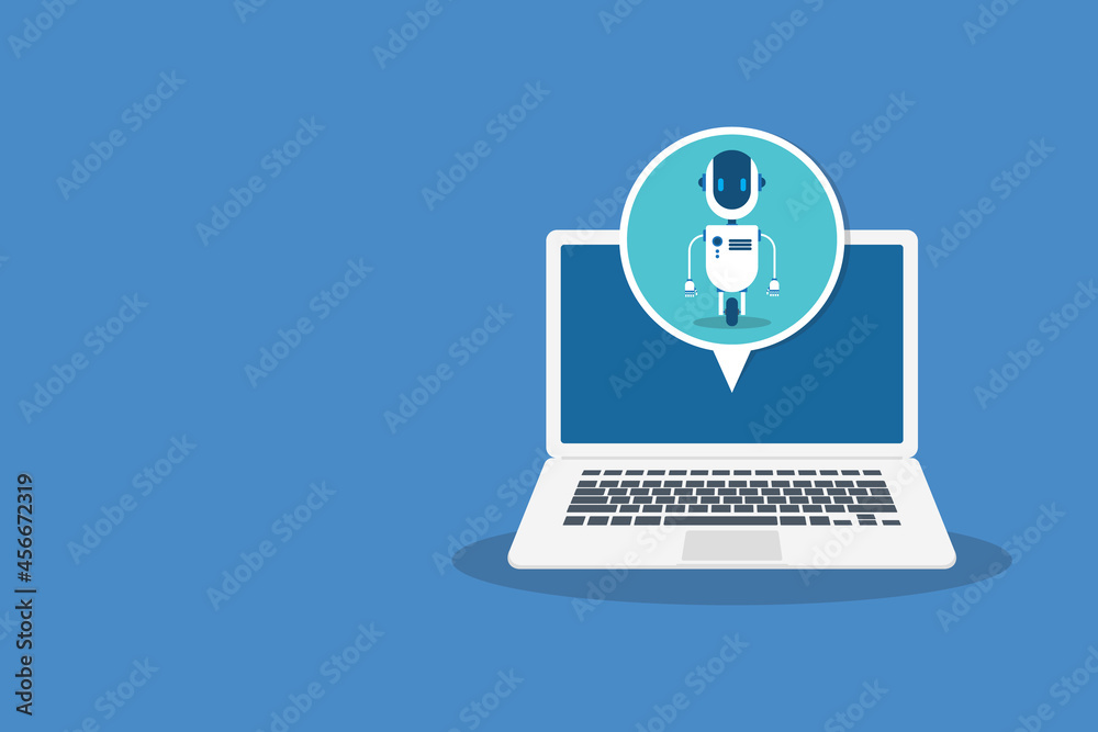 Chat Bot Using Laptop Computer, Robot Virtual Assistance Of Website Or Mobile Applications. Voice support service bot. Online support bot. Chat Bot Using Laptop Computer, Robot Virtual Assistance Of Website Or Mobile Applications. Voice support service bot. Online support bot.