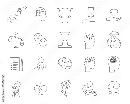 Psychotherapy and psychology line icon set. Simple thin outline pictogram collection. Mental health elements. Anxiety, group therapy, mood disorder, depression. Editable stroke vector illustration