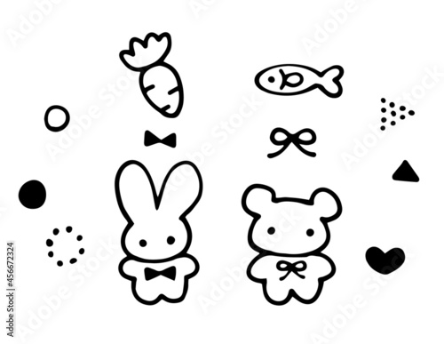 ウサギとクマのかわいい装飾イラストセット　手描き　落書き