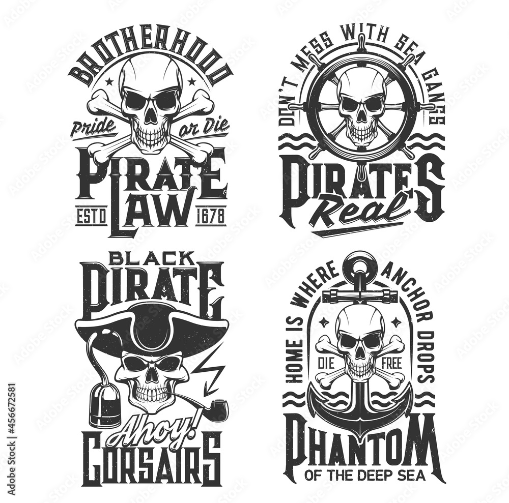 Obraz premium Pirate captain and corsair skull t-shirt print vector mockup of piracy. Skulls and skeleton head of dead pirate captain, corsair or sailor with hat, hook and anchors, helm, wheel and sea waves