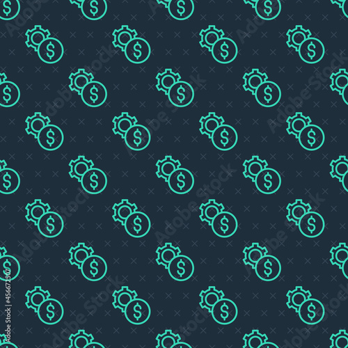 Green line Gear with dollar symbol icon isolated seamless pattern on blue background. Business and finance conceptual icon. Vector