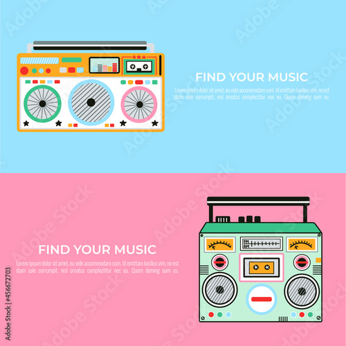 Banners made with cute and colourful old school tape recorders doodles. Vintage boombox icons. Hand drawn illustration. Text added as an example.
