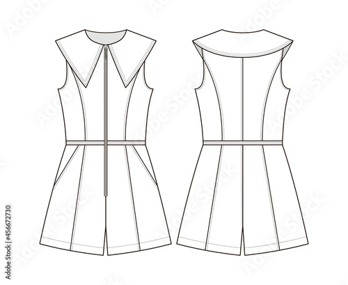 Fashion technical drawing of sleeveless jumpsuit with collar