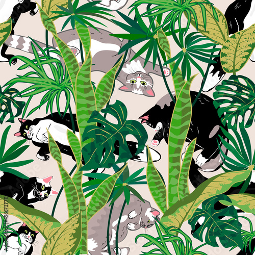 Drawing happy cats and thickets of plant  seamless pattern.Vector endless  background.Funny lying cats in different poses, top view. Flat cartoon style illustration.Fashionable template for design.

