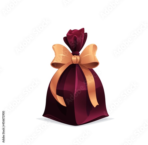Gift with golden bow, vector holiday box, present sack wrapped with sumptuous ribbon. Isolated cartoon giftbox for festive event, Boxing day, Birthday, Wedding, Valentine Day or New Year celebration