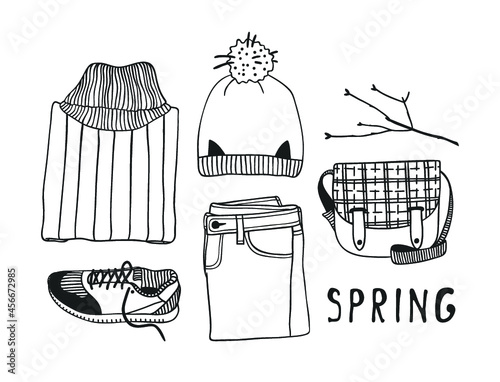 Hand drawn spring pattern. Cute vector background. Artistic doddle drawing. Creative ink art work. Fashion illustration season objects