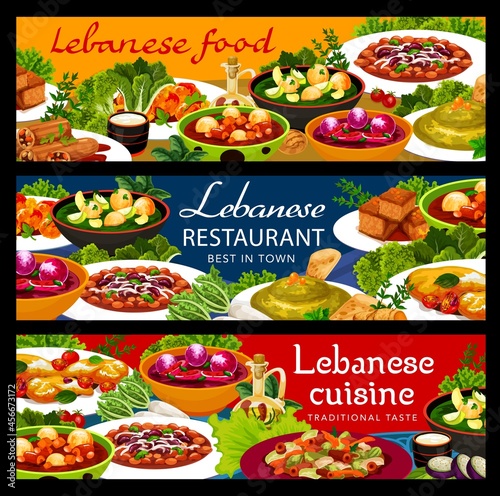 Lebanese cuisine restaurant food vector banners with Arab hummus, meat bean stew, vegetable dumpling soups and dessert. Lamb kofta meatballs, fattoush salad and halloumi cheese, cake, stuffed zucchini