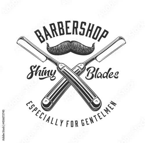 Barbershop straight razor and mustache icon of barber shop vector design. Hair cut and beard shave equipment or hairdresser tools with vintage man moustache isolated symbol or emblem