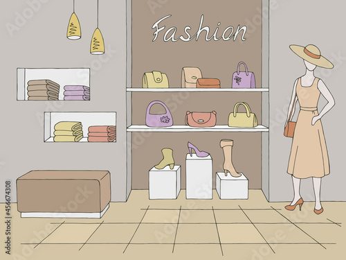Shop interior fashion store graphic color sketch illustration vector 