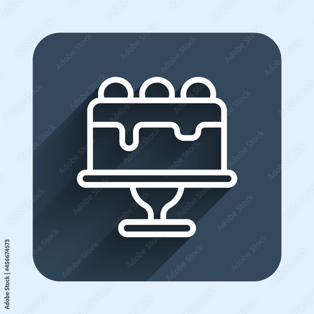 White line Cake icon isolated with long shadow background. Happy Birthday. Blue square button. Vector White line Cake icon isolated with long shadow background. Happy Birthday. Blue square button. Vector