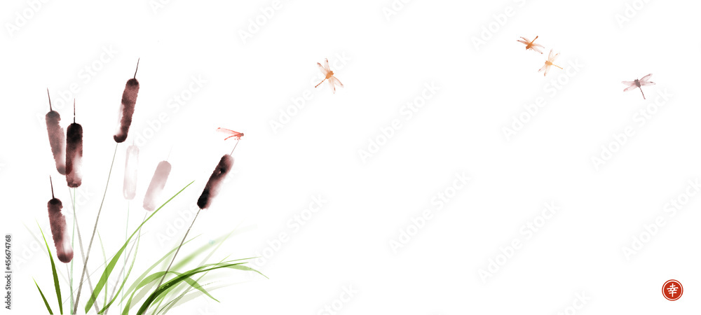 Cattail, reed plant and drafonflies hand drawn with ink on white background. Traditional oriental ink painting sumi-e, u-sin, go-hua. Hieroglyph - happiness. - obrazy, fototapety, plakaty 