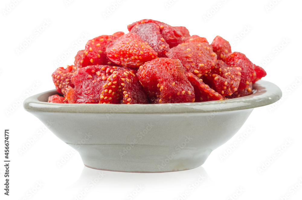 Dried sweet strawberries in cup isolated on white background. Dried sweet strawberries in cup isolated on white background.