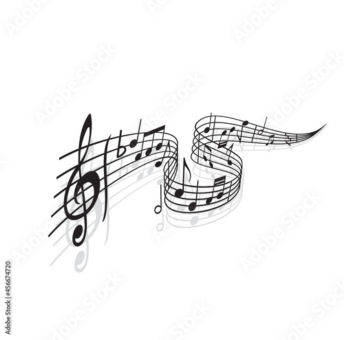 Musical wave with vector notes of sheet music and shadows. Black swirl of music staff or stave with melody or song notes, treble clef, flat tone symbol and bar lines, musical notation themes