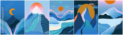 Winter mountains and landscape. Hand drawn vector illustrations.
Modern trendy cartoon style. Concept pictures for your design.