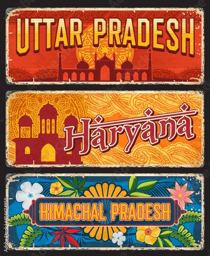 Uttar Pradesh, Haryana and Himachal Pradesh Indian states vintage plates or banners. Vector aged travel destination signs. Retro grunge boards, worn signboards of touristic landmarks of India plaques photo