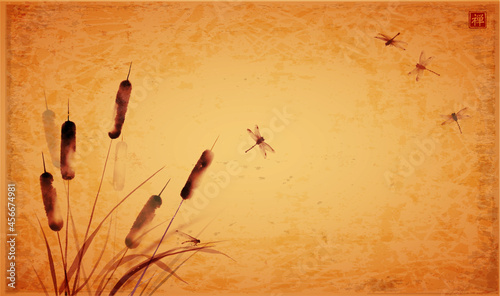 Cattail, reed plant and drafonflies hand drawn with ink on vintage background. Traditional oriental ink painting sumi-e, u-sin, go-hua. Translation of hieroglyph - zen