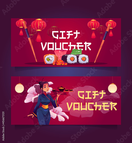 Japanese or Chinese restaurant gift voucher, certificate for visiting asian cuisine, sushi bar or cafe. Woman wear traditional kimono carry tray for tea ceremony, rolls, chopsticks Vector flyer mockup