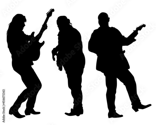 Rock band musicians on stage. Isolated silhouettes on a white background