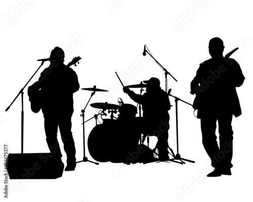 Rock band musicians on stage. Isolated silhouettes on a white background