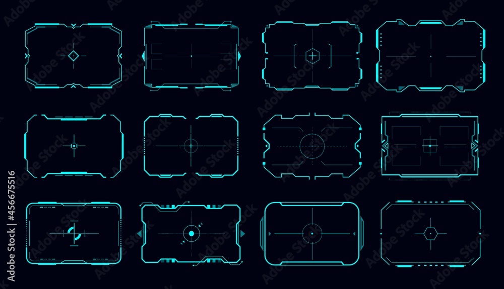 HUD vector frame of aim control panel and target screen borders. Sci fi game user interface, ui or gui futuristic digital design elements, future technology viewfinder displays with neon crosshair