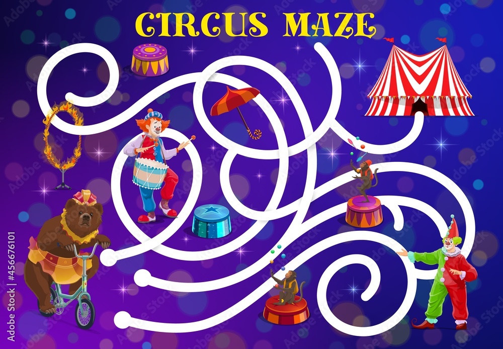 Circus labyrinth maze with vector clowns and trained animals. Kids ...