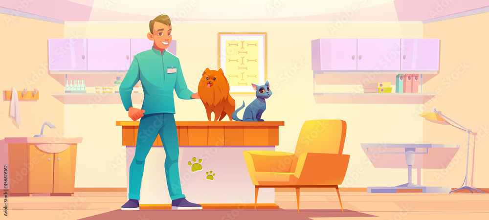 Vet clinic cabinet with animals and doctor. Veterinarian man with dog and cat in his office, pets medical treatment, vaccination or health check up, hospital appointment, Cartoon vector illustration