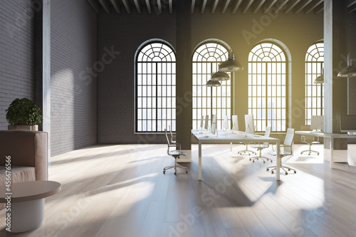 New brick and wooden coworking office interior with city view  sunlight  equipment and furniture. 3D Rendering.