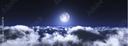 Canvas Moon above the clouds, moonrise, lunar landscape, moon among the clouds, 3d rend